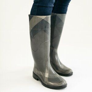 BURBERRY Wellington Monochrome Large Check Plaid Rubber Rain Boots 38 / US 8